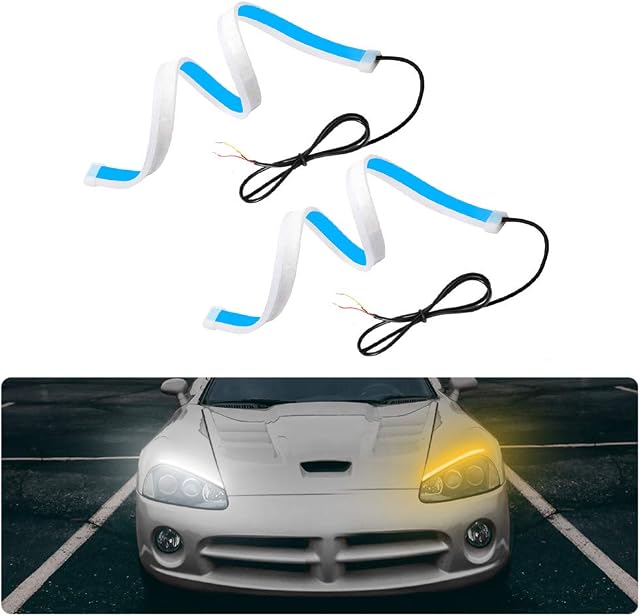 EECOO Led Light Strips for Cars, 2Pcs 60CM 300LEDs Waterproof White /Amber Flexible daylight running lights, Turn Signal Lights, for Car Headlights, Tail Lights, 12V Cars