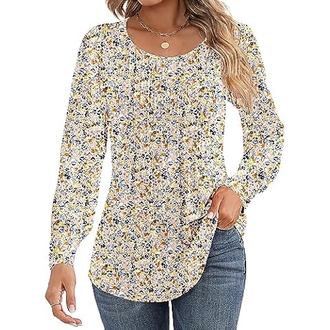 Ficerd Women's Puff Long Sleeve Tunic Tops Pleated Crew Neck Blouses Dressy Casual Loose Fit Winter and Spring Shirts(X-Large,Pink Floral) Cover