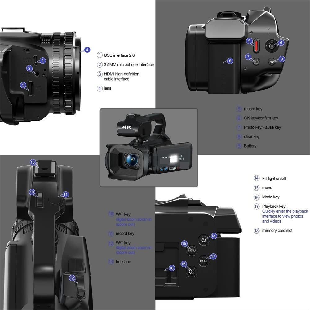 Vlog Camera, Fotocamere digitali 18X 64MP 4K for la fotografia Vlog professionale Streaming Videocamera Registrazione video Webcam Messa a fuoco automatica(No SD Card,4K Video Camera)