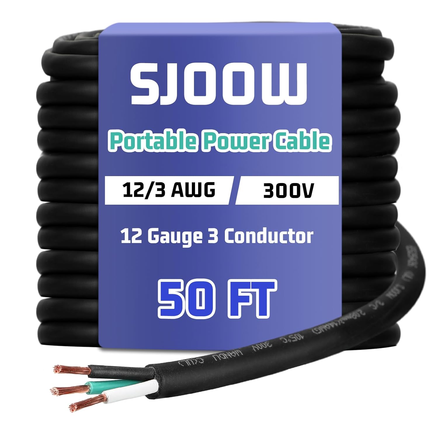 12/3 AWG 100 FT Portable Power Cable SJOOW 300V Electrical Wire Pure Copper Heavy Duty Rubber Outdoor Extension Cord for Motor Machinery Marines Automotive