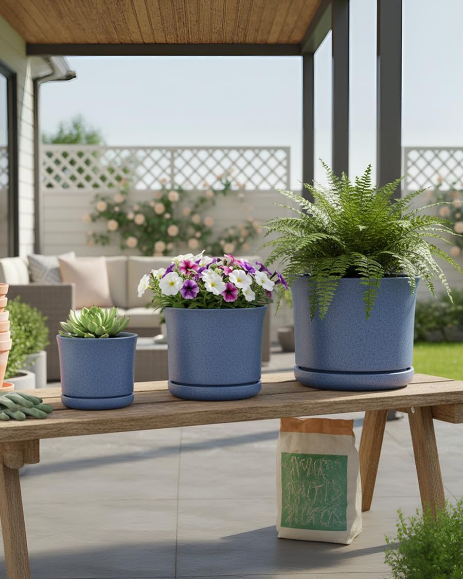 Ceramic Plant Pots Set of 3 with Saucers, 4.3/5.5/7 Inch Planters for Indoor Plants, Drainage Hole Flower Pots for Succulents, Herbs, Aloe, Modern Home Decor, Blue