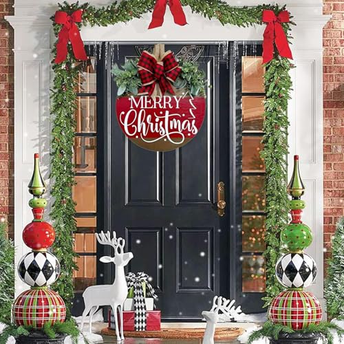Image of Merry Christmas Wreath Hanging Sign for Front Door, Wooden Welcome Wreaths Sign with Bow for Holiday Rustic Farmhouse Outdoor Wall Window Decor (Merry Christmas)