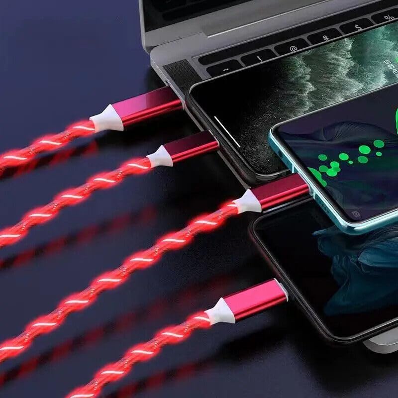 Gifts 4 Guys Multi Charger 3 in 1 Multiple Charging led Coloured illuminated Flashing Cable Nylon Braided Micro USB Type C Port Lead Cord Compatible Universal Connector (Red)