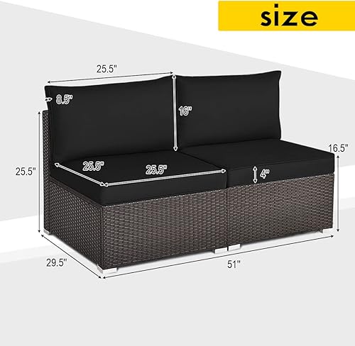 Miniatura 3 de COSTWAY Sofá sin brazos de ratán para patio, muebles seccionales, conversación con cojín negro