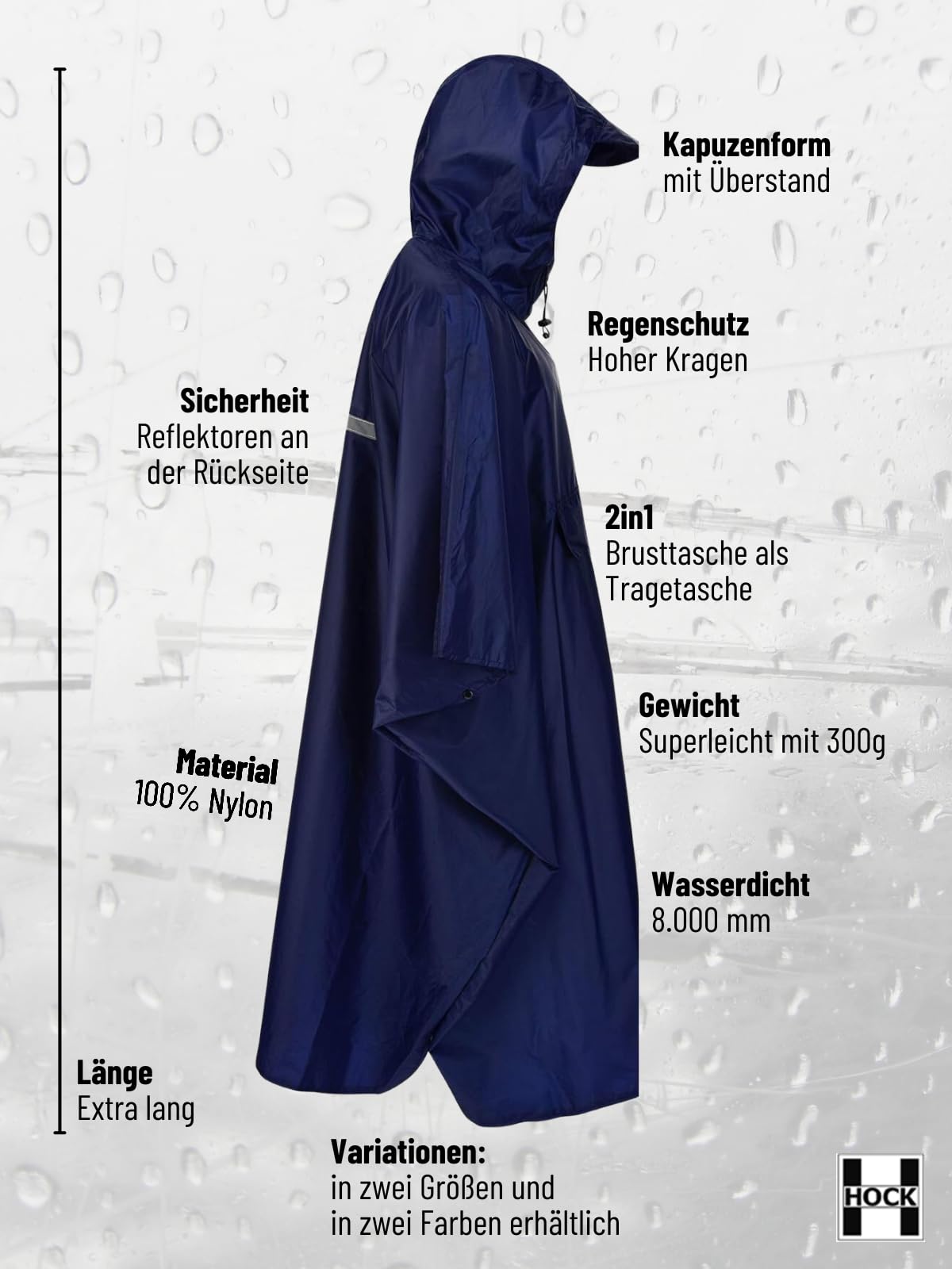 HOCK Rain Star - Poncho de lluvia extralargo con capucha y bolsillo en el pecho, 100% resistente al agua, ligero protector de lluvia unisex