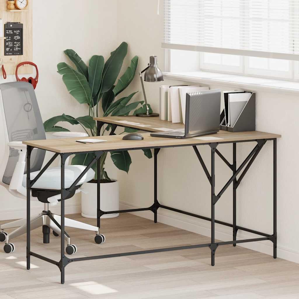 Biurko z dębu Sonoma z materiału drewnopochodnego 149 x 149 x 75 cm w kształcie litery L z metalową ramą, regulowane nogi do biura, biura domowego, gier i gabinetu, stabilne narożne rozwiązanie