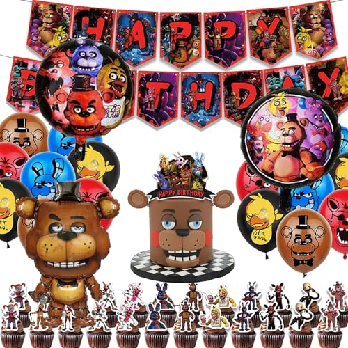 Five Nights at Freddy's Birthday Party Decoration Set - Incluye pancarta de cumpleaños, toppers, globos decorativos, suministros de fiesta de cumpleaños para niños con título en inglés