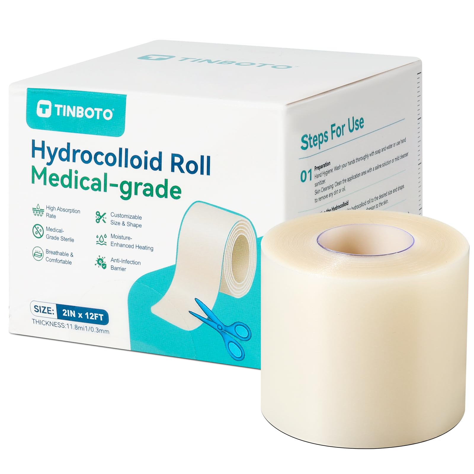 Hydrocolloid Roll for Wound Care, Hydrocolloid Bandages with Self-Adhesive, Cut-to-Size Patch Bandages, Ultra Absorbent, Waterproof, First Aid Kit Essential (2IN*12FT)