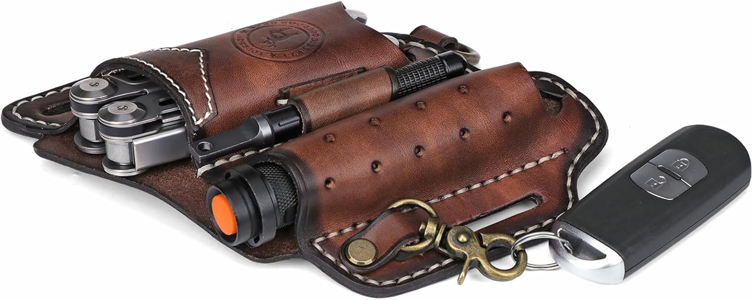 Tourbon Leather Multitool Sheath for Belt Compact EDC Pouch Pocket Organizer for Men with Flashlight Holster Pen Holder & Keychain Clip - Image 9