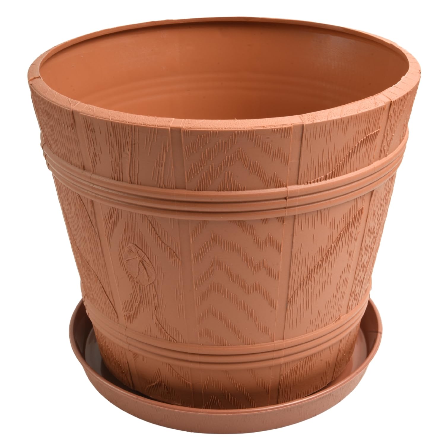 B2C Barrel Look Planter Flower Pot with Saucer Plastic Wood Effect Plastic Round Indoor Outdoor Weather Resistant Flowerpot Tub Textured Matching Drip Tray (Terracotta, 18L (D34cm H29cm))