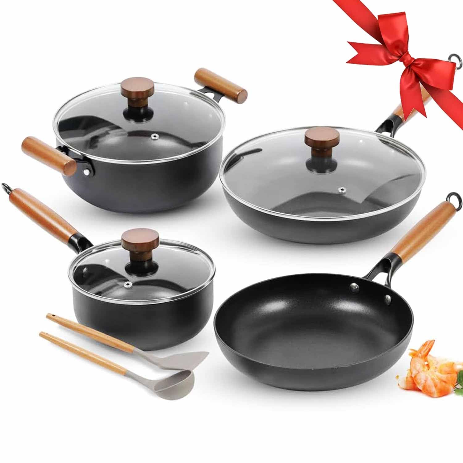 AUDANNE Set di pentole e padelle antiaderenti, pentole da cucina antiaderenti, 9 pezzi, tra cui padella con coperchio, casseruola, cucchiaio, spatola, senza PFOA per induzione, nero