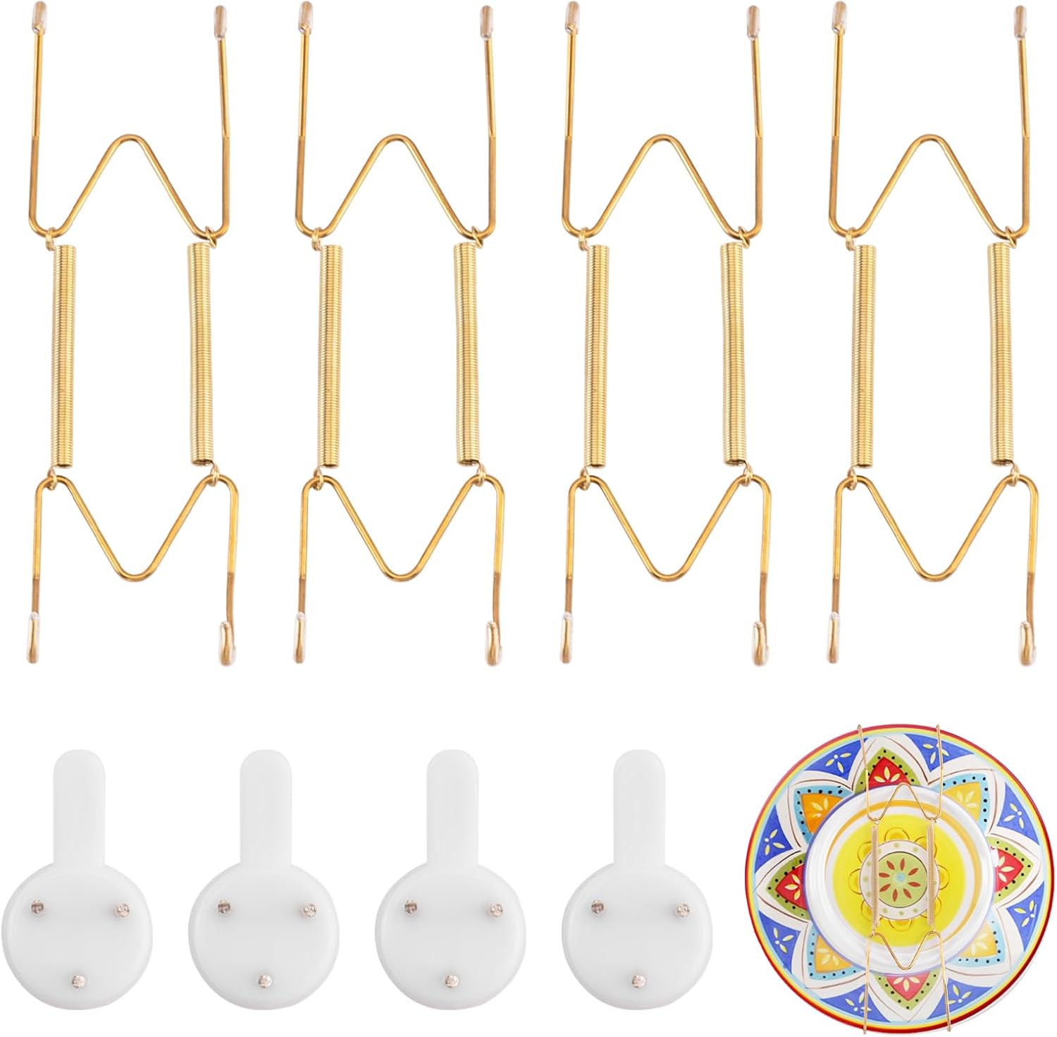 4 Pack Plate Hangers for Wall, Suitable for 9-12 inch Art Plate, Stainless Steel Invisible Heavy-Duty Wire Plate Holder with Wall Hooks, Display Hanger for Decorative Plates/Dishes/Platters(Gold)