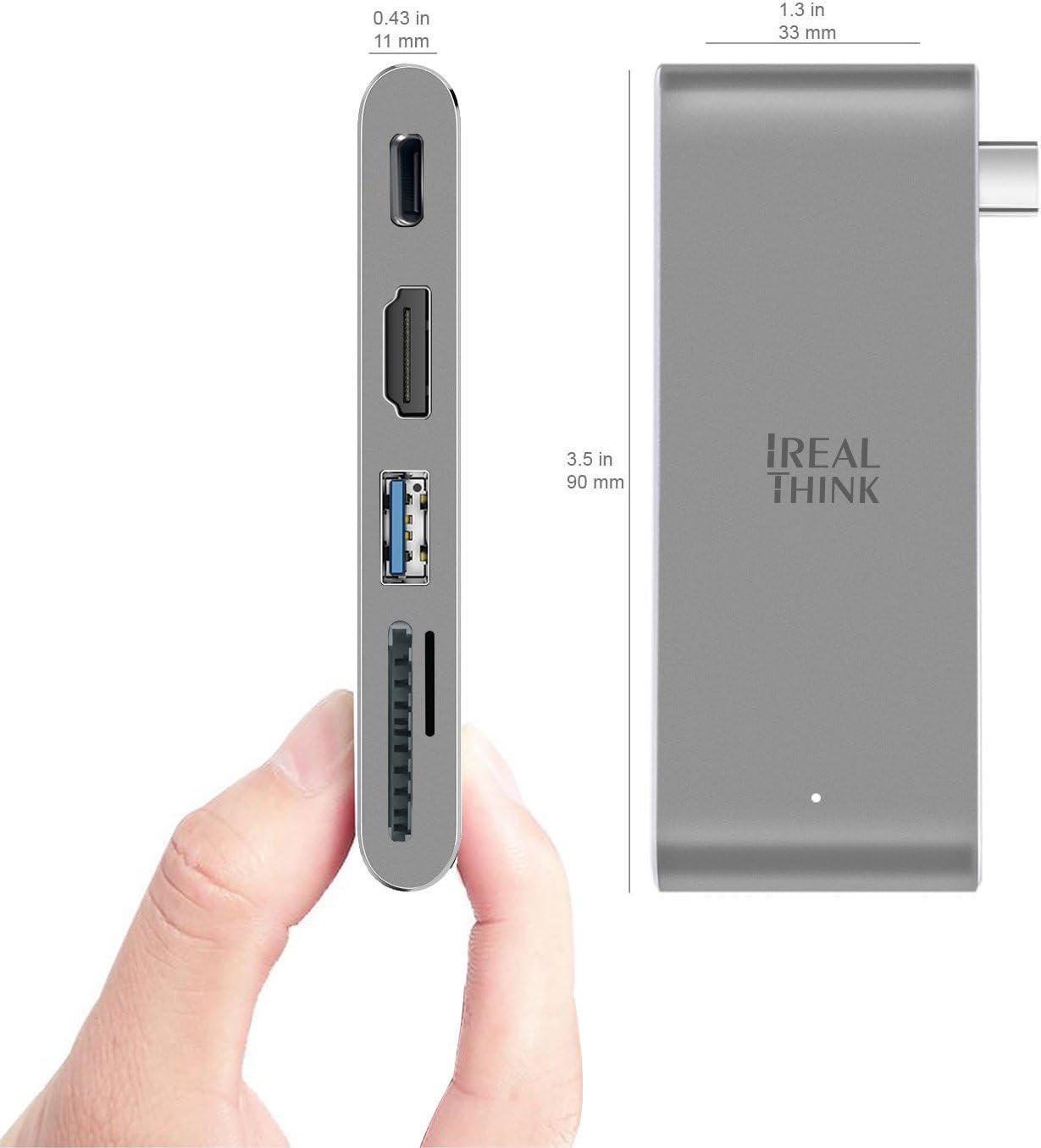 USB C Hub Aluminum Type-C 5 in 1 Adapter with Data Transfer Connector, 4K HDMI Connector, USB 3.0 Connector, SD and Micro Card Reader (Gray Space)