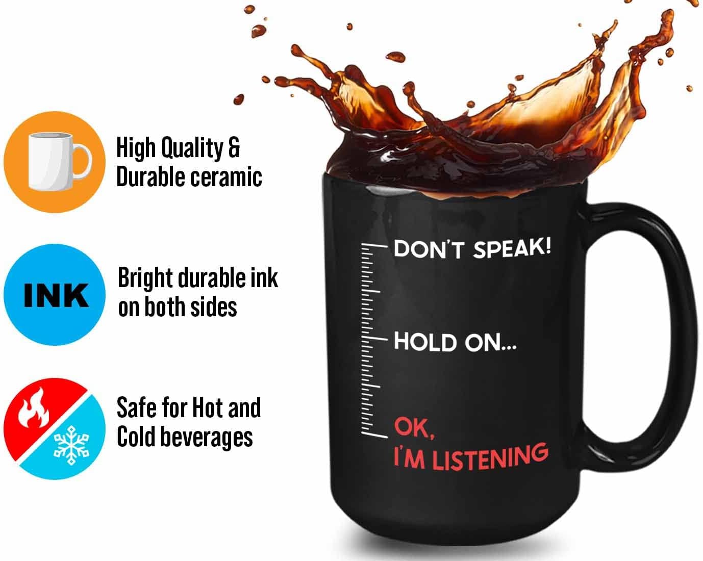 Bubble Hugs Coworker Coffee Mug 15oz Black - Don't Speak - Funny Workplace Quotes for Boss Staff Employee Office Promotion Retirement Retired Friends