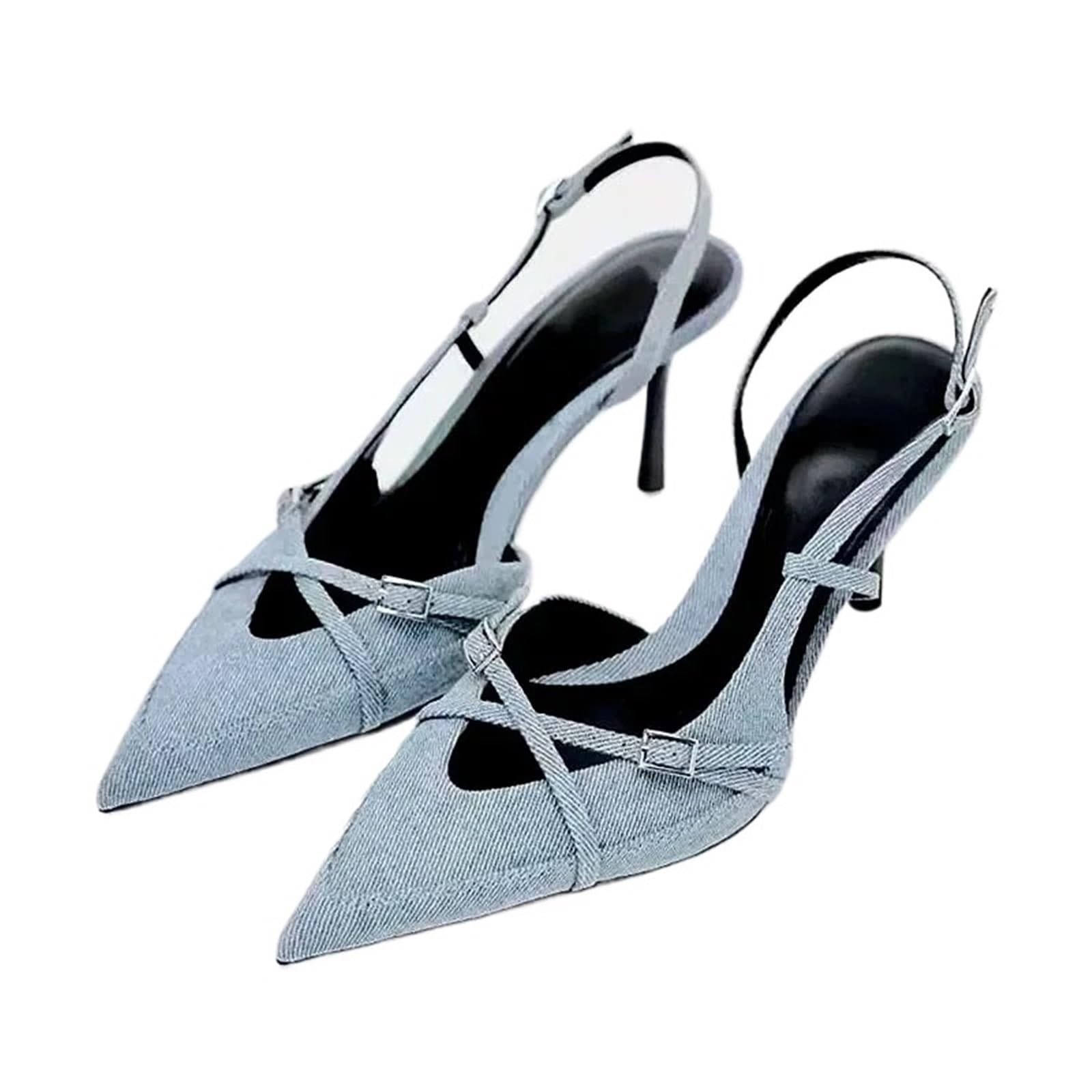 SDIUAKBV Pointed Toe Heeled Shoes Pointed Toe High Heel Sandals For Lady Blue Denim Stilettos(38)