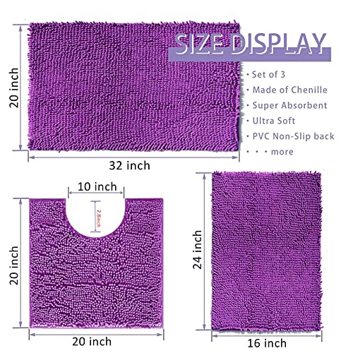 Image of RUN HELIX Purple Bathroom Rugs Sets 3 Piece Non Slip Extra Absorbent Shaggy Chenille Bathroom Rugs and Mats Sets, Soft & Dry Bath Rug /Mat Set for Bathoom Mats