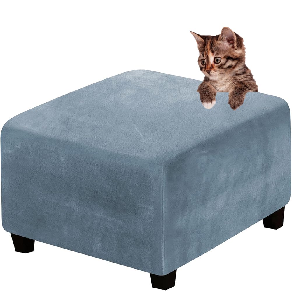 DMBAOD Velvet Plush Stretch Footstool Cover High Stretch Velvet Footstool Protector Cover Gray Blue XX-LARGE
