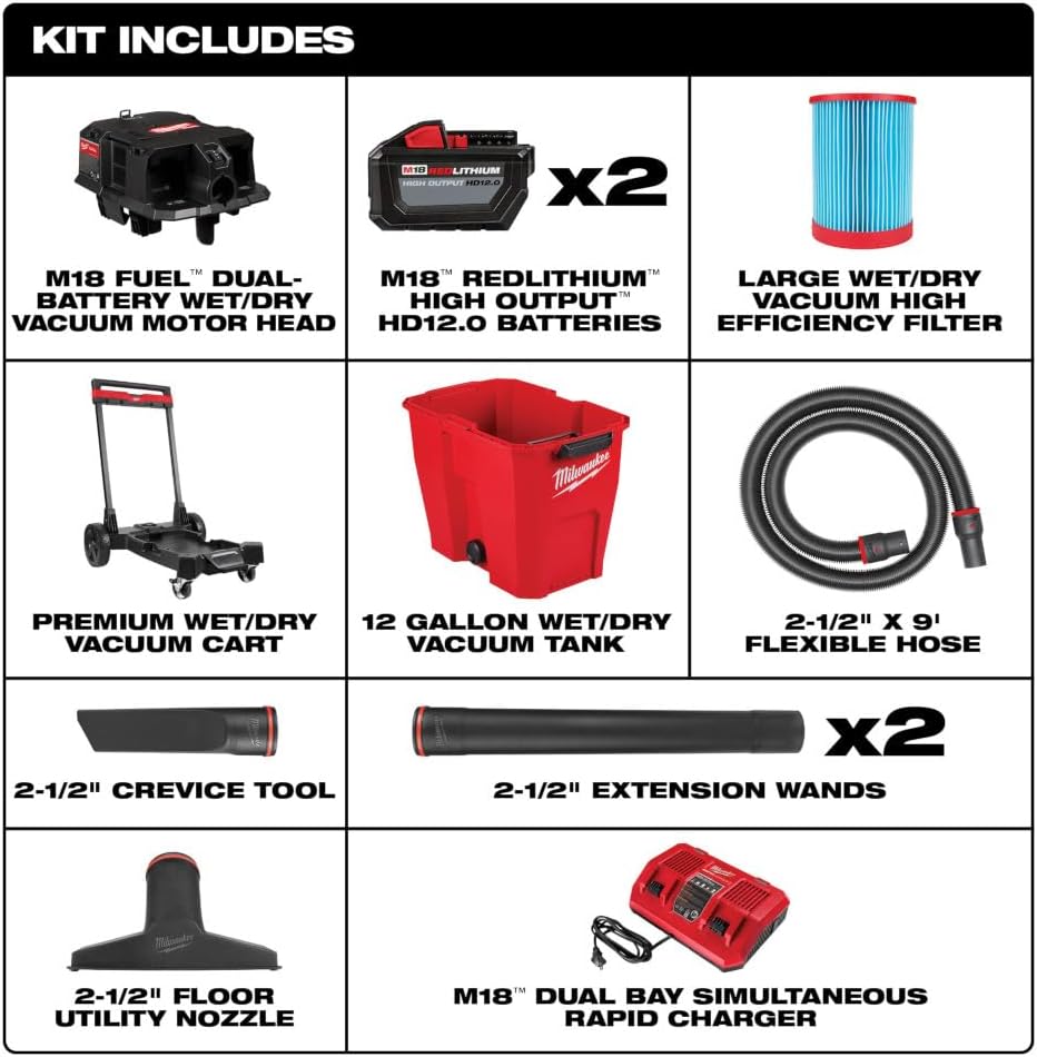 Milwaukee M18 Fuel 12 gal Cordless Wet/Dry Vacuum Kit (Battery & Charger) 4.25 HP