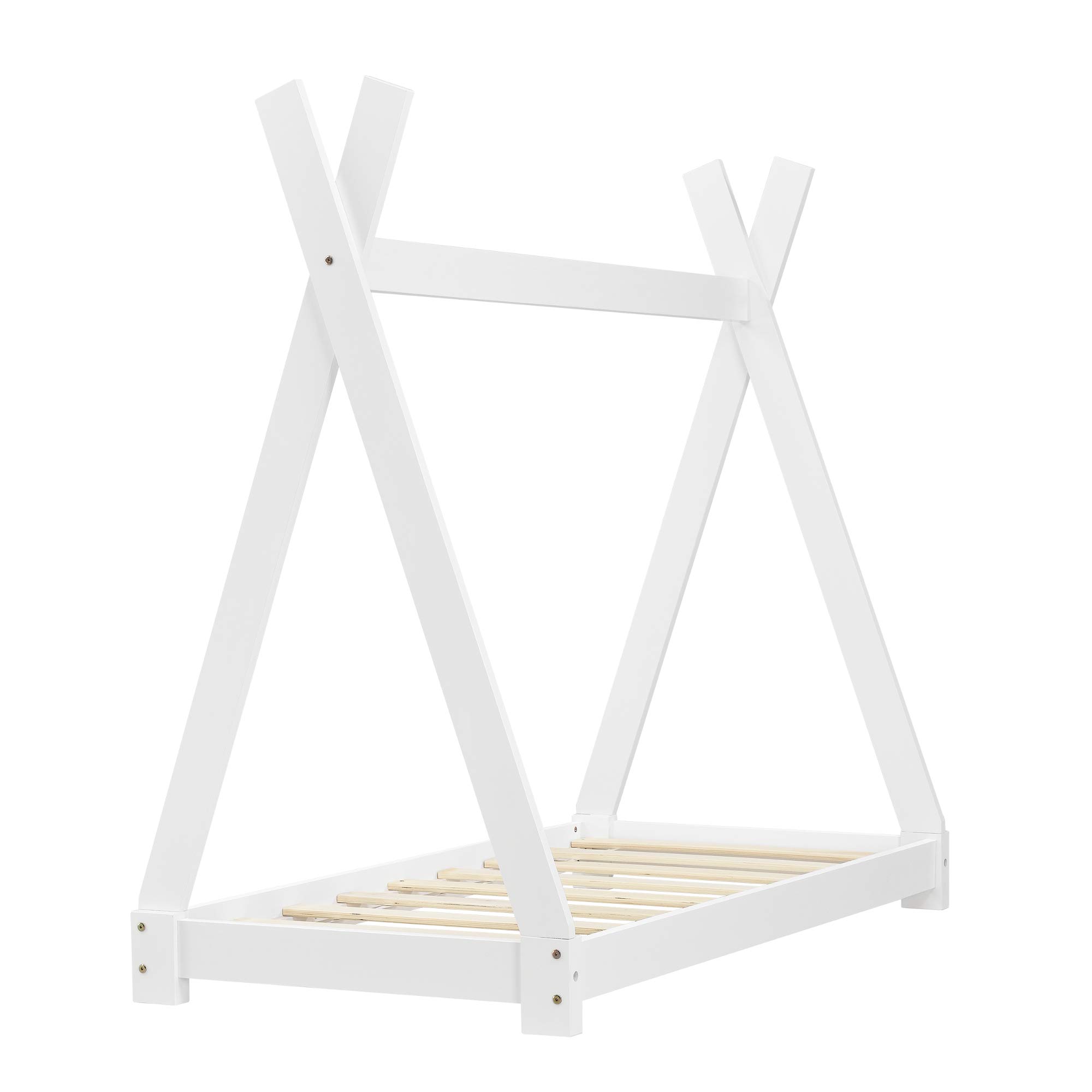 [en.casa] Kinderbett Onejda in Tipi-Design Bodenbett Jugendbett aus Kiefernholz Weiß 70 x 140 cm