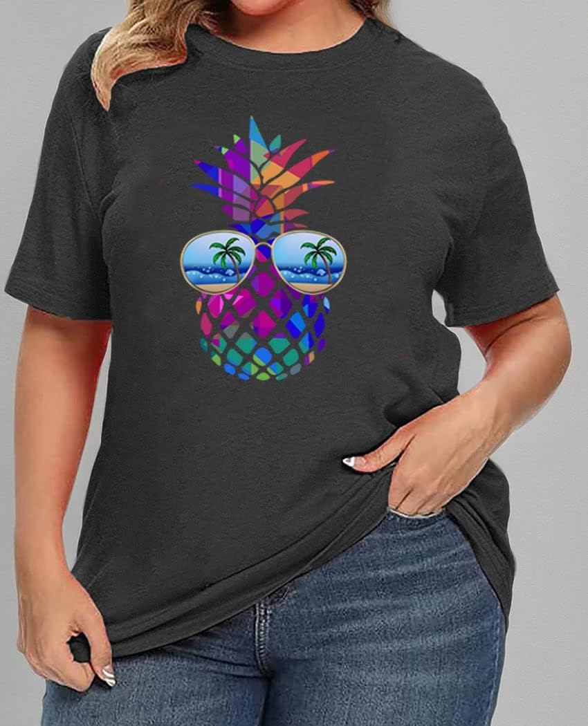 Women's Summer Plus Size Beach Vacation Printed Short Sleeve Round Neck Casual Top - Image 7