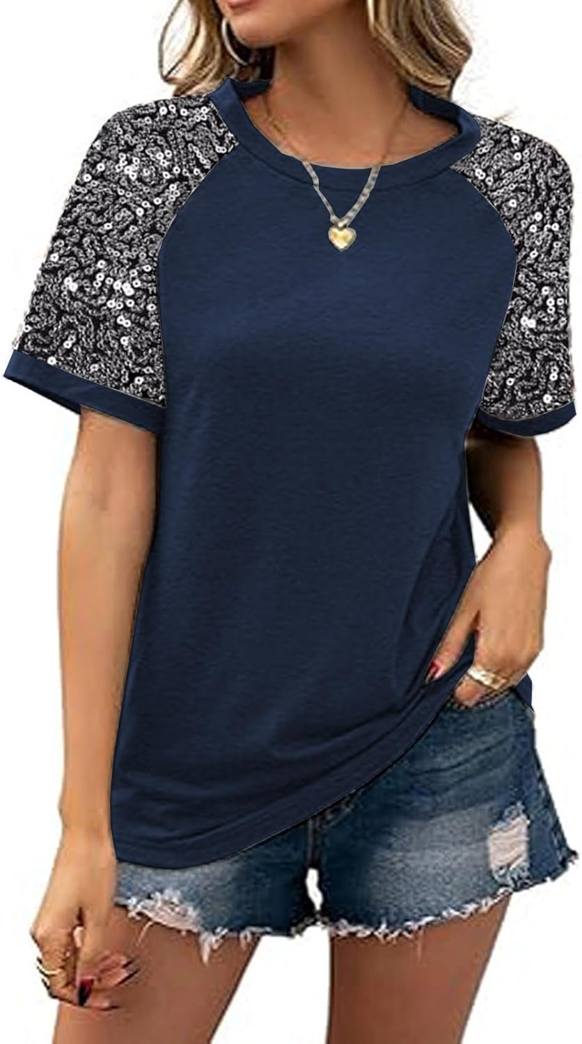 Women Sequined Splicing Short Sleeve T-Shirt Fashion Sparkle Sequin Party Tops Glitter Summer Beach Vacation Tee Shirt