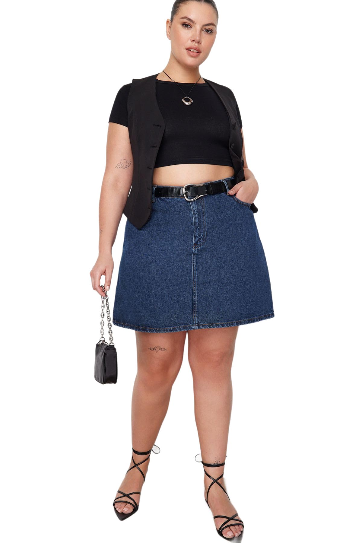 Trendyol Damen Blau Große Größen Mini A-Linie Skater Webstoff Große Größen In Rock, 3XL
