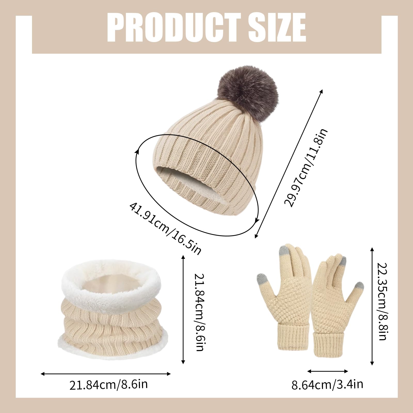 Embhlitfe Zestaw damskich czapek zimowych rękawiczki termiczne szalik czapki beanie dla kobiet z podszewką z pomponem ciepłe 3 szt. zimowy zestaw na zimną pogodę dla kobiet codzienne narty sporty na