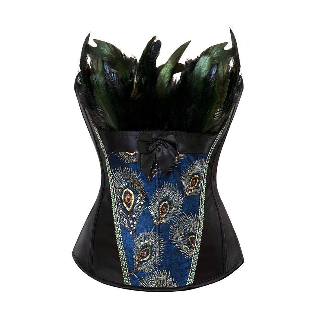 Josamogre Corset Top Bustier Overbust for Women Embroidery Sexy Peacock Nobility Feather Burlesque Plus Size Black S