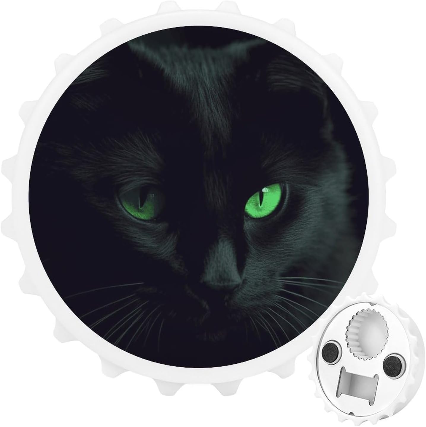 Black Cat Green Eyes Bottle Opener Cute Beer Opener Fridge Magnet Round 2-in-1 Magnetic Refrigerator Decor Bottle Cap Opener Funny Oktoberfest Themed Gift for Party Kitchen RV Use White-style