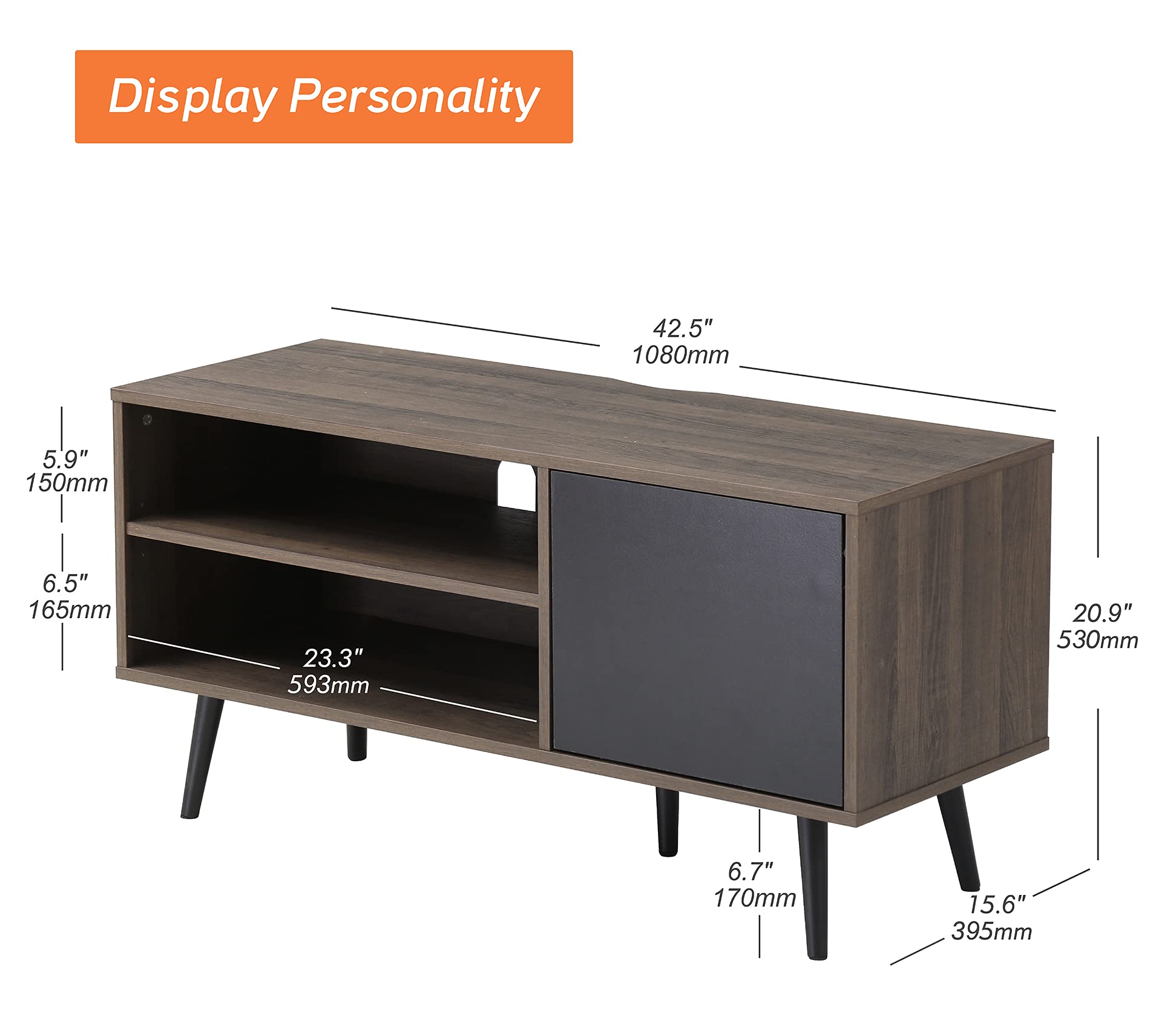 WAMPAT Mid Century Modern TV Stand for TVs up to 55 Inch, Wood Entertainment Center with Storage Cabinet & Open Shelf, Retro Media Console Table for Living Room Bedroom, Black/Espresso, 50 Inch