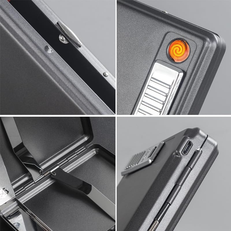 Cigarette Case with USB Lighter 20pcs 84mm Regular/King Size Cigarettes Box Built-in Electric Rechargeable Flameless Windproof Lighter (Black)