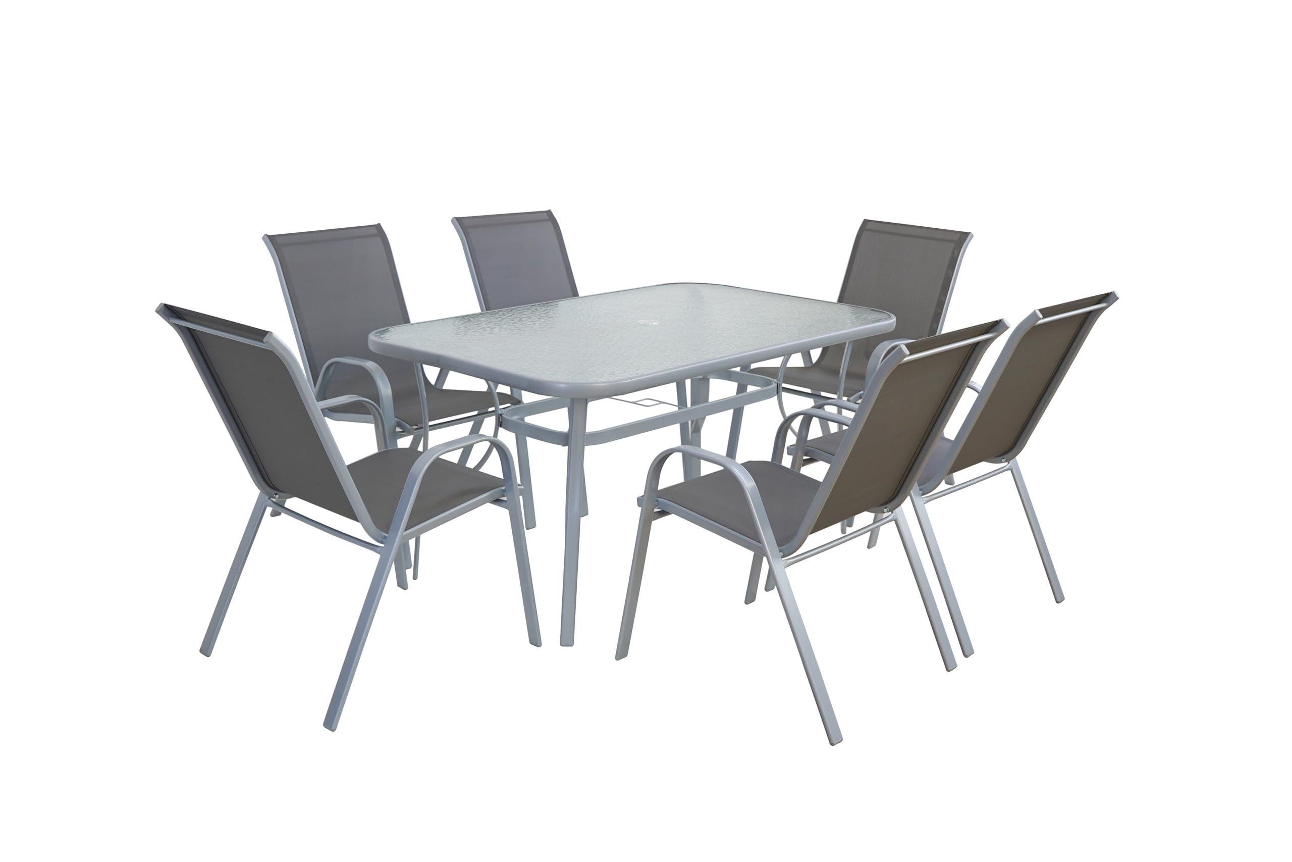 ZENJOY, Kindly, Gartenmöbel Set mit 6 Stühlen, Gartenmöbel Set, 150x90cm Glastisch mit Loch für einen Regenschirm, Stapelbare Textilene-Stühle, Wetterfest, UV-beständig, Grau