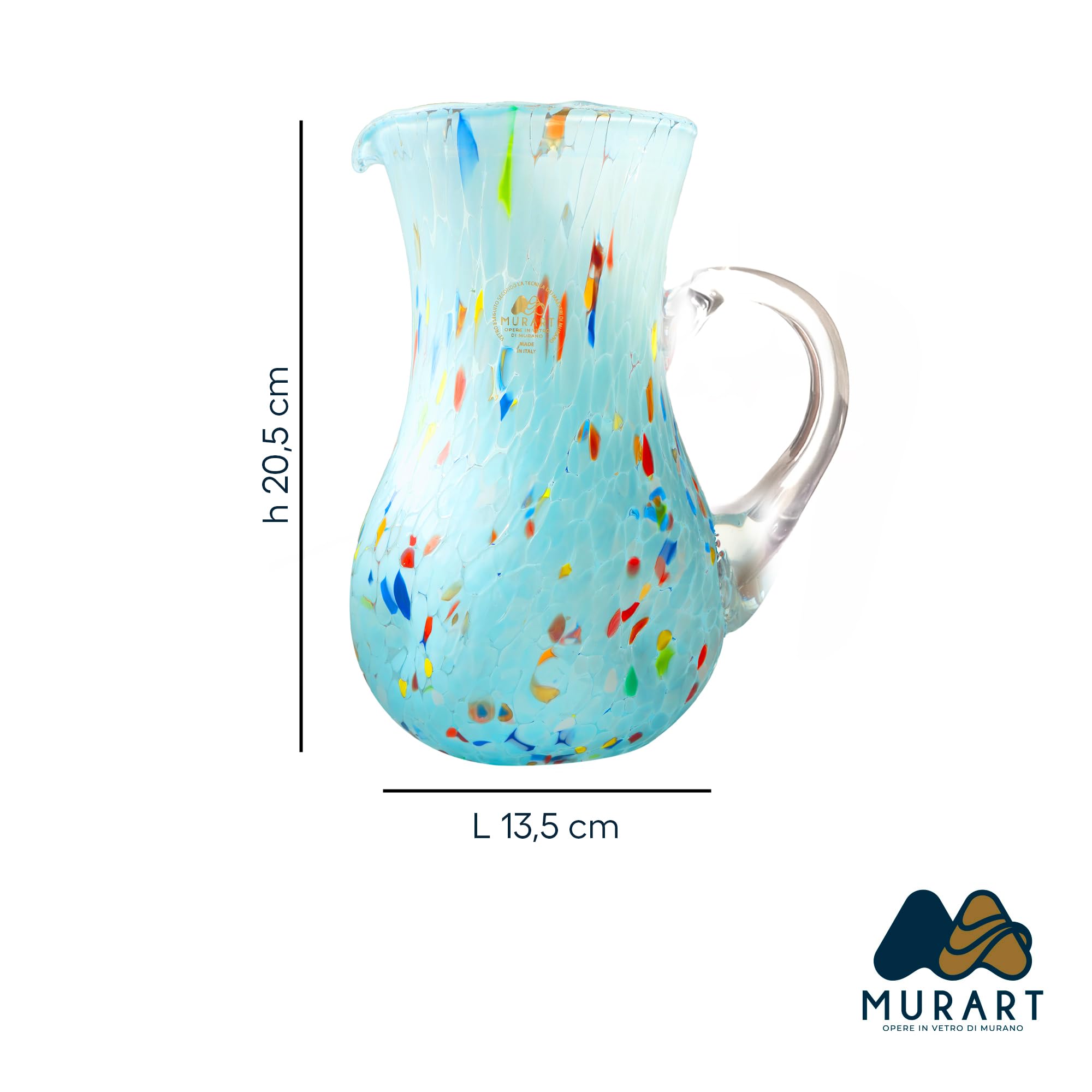 MurArt Brocca in Vetro di Murano Set da 6 bicchieri da 1000ml Collezione Onde in vetro soffiato a mano in lavorazione artigianale Made in Italy (Celeste, Brocca)