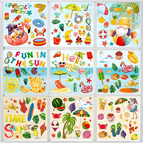 Unves 12 Sheets Summer Window Clings For Glass Windows, Summer Window Stickers Decals Ice Cream, Watermelon, Sunglasses Window Clings For Home, Kids School Party Decorations Supplies #TOP25