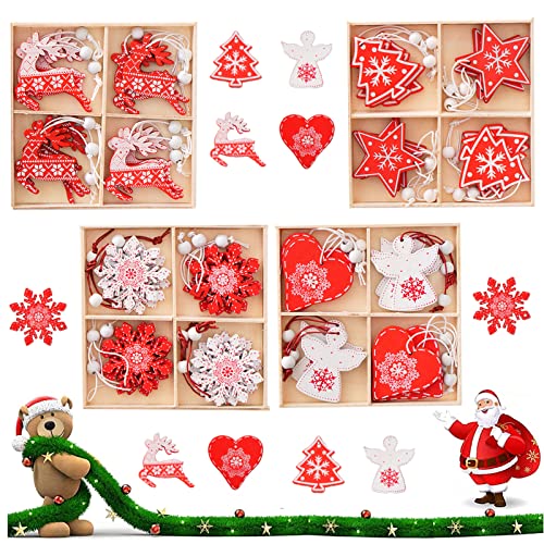 Bebochoi 48 Stück Weihnachten Holz Ornamente, Weihnachtsdeko Holz, Holz Weihnachtsbaum hängen geformte Anhänger, Holz Weihnachtsbaumschmuck, DIY Weihnachtsdeko Verzierung (Rot und Weiß) Cover