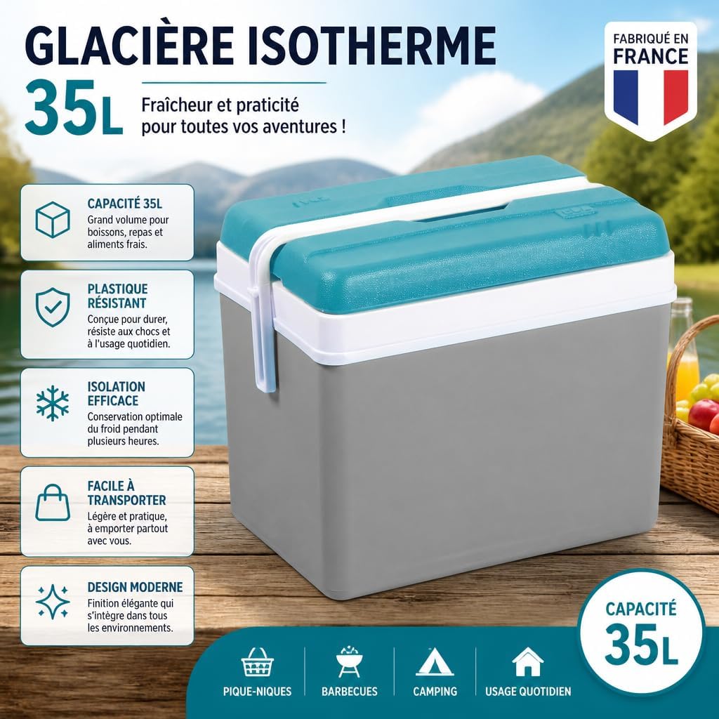 EDA Glacière Isotherme Lot de 2 - Fabriqué en France - Grande Capacité - Plastique Résistant - Design Moderne - Idéale pour Pique‑Niques, Barbecues, Camping Et Utilisation Quotidienne