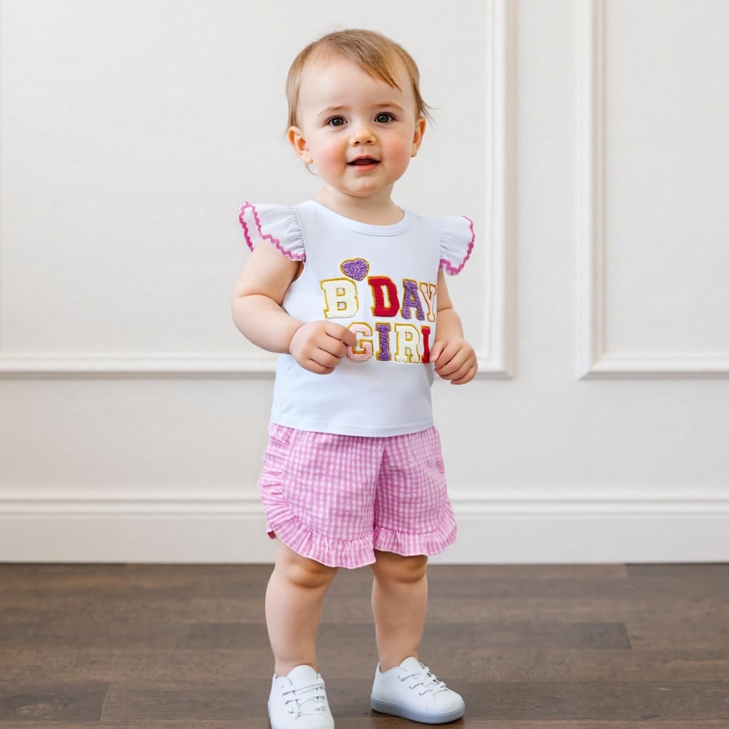 Kayotuas Toddler Baby Girl Birthday Outfit Birthday Girl Shirt Ruffle Gingham Shorts Cute Summer Clothes Cake Smash Outfits - Image 2