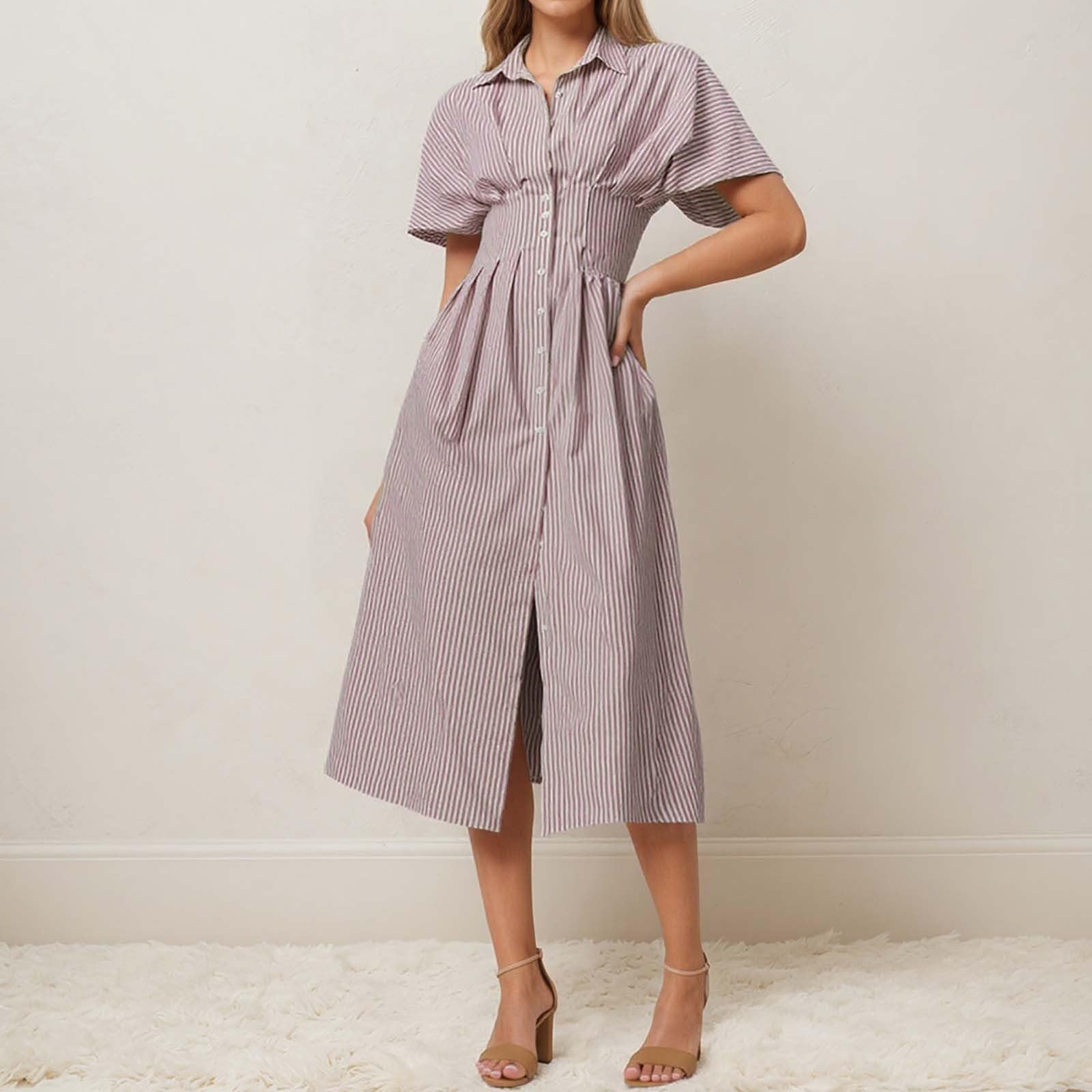 Maxi abito con bottoni anteriori, camicia plissettata, stampa a righe, colletto a maniche corte, abiti lunghi casual