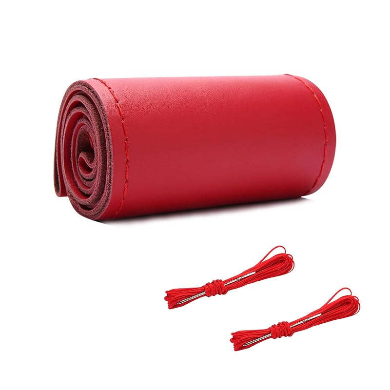 Capa para volante em couro legítimo Augeny, costura manual, acabamento brilhante vermelho, para volantes de 36,8 a 38,1 cm