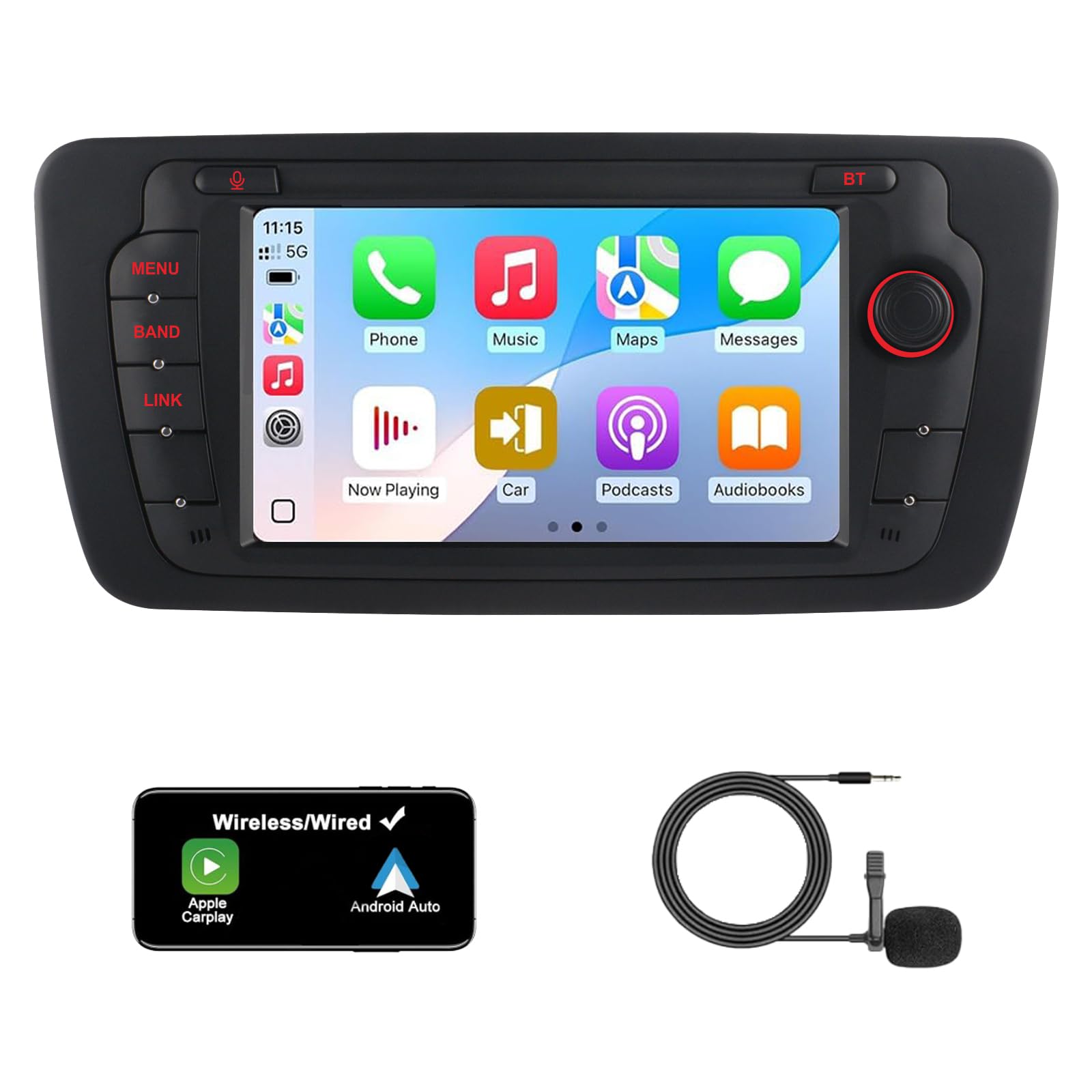 Radio de Coche para Seat Ibiza 2009-2013 Radio con Wireless CarPlay Android Auto-Estéreo Auto 7" Pantalla táctil con BT FM/RDS Radio USB Micrófono.