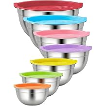 Mixing Bowls with Lids Set, 7 PCS Stainless Steel Mixing Bowls, Size 6.3, 5.2, 4.1, 3.1, 2.3, 1.6, 1.3L, Ideal for Kitchen Cooking & Baking & Serving & Preparing Food Storage