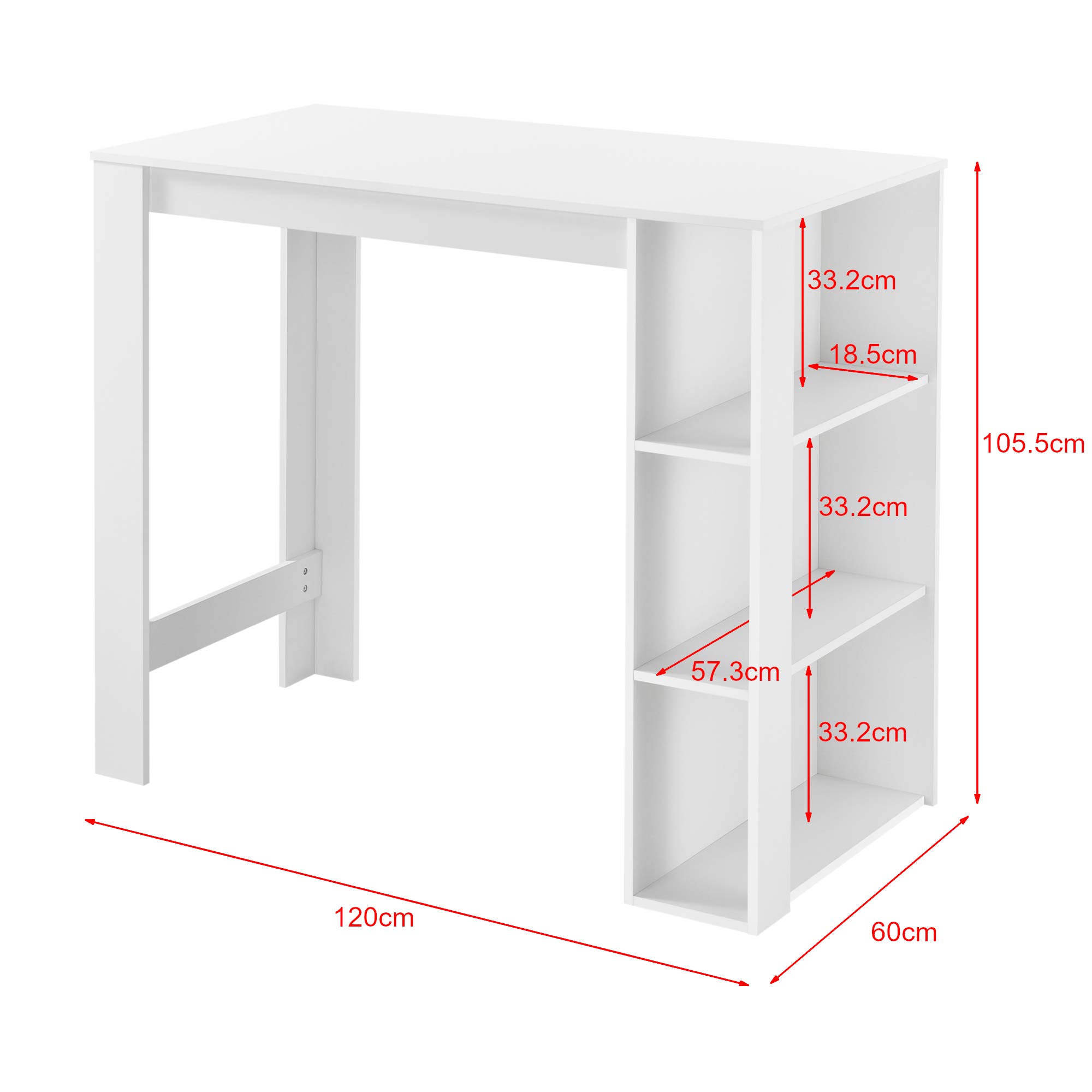 Stolik barowy z wbudowanymi półkami, 120 x 60 x 106 cm, stolik barowy z 3 półkami, lada kuchenna