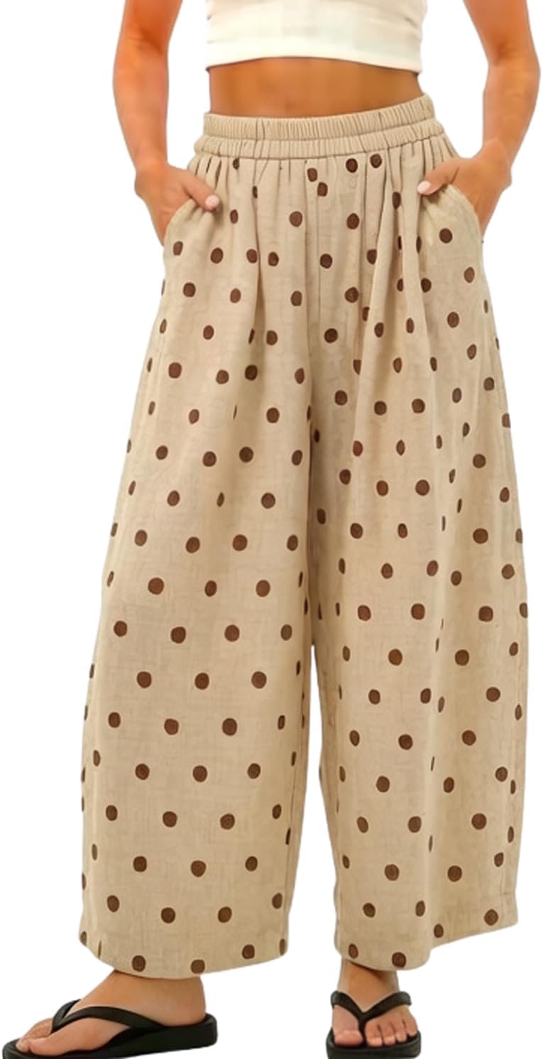chouyatou Women Summer Boho Cotton Linen Polka Dot Pants Beach Elastic Waist Palazzo Wide Leg Barrel Pants