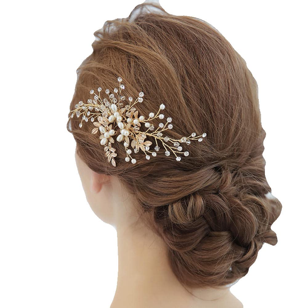 Haarkamm, Haarspangen, Brautperlen-Haarkamm (Gold), Vintage-Blumen und Blätter, Haarschmuck, künstlicher Abschlussball, Strand, Haarschmuck, Kopfbedeckung für Frauen und Mädchen