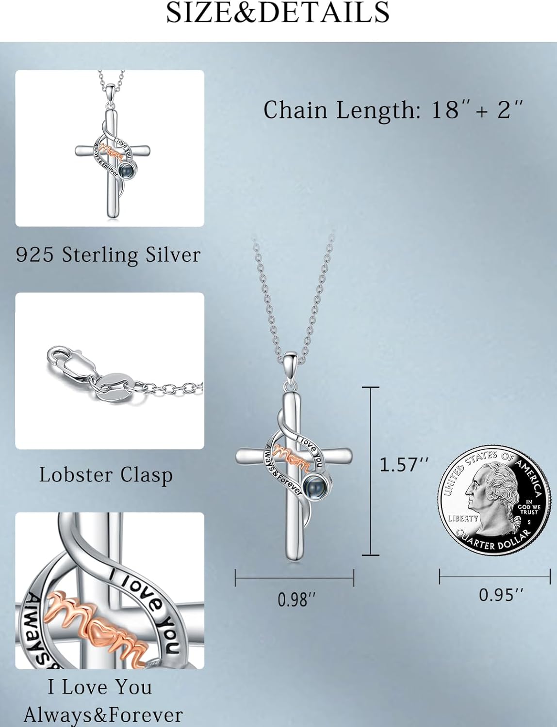 Dorunmo I Love You Necklace 100 Languages Custom Photo Necklace Projection Necklace 925 Sterling Silver Cross Pendant Necklace for Women Girls