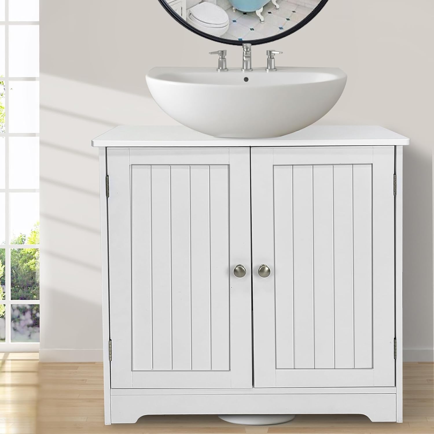 Pedestal Sink Storage Cabinet with Door and Shelf, Under Sink Cabinet, Bathroom Sink Cabinet with U-Shape, White