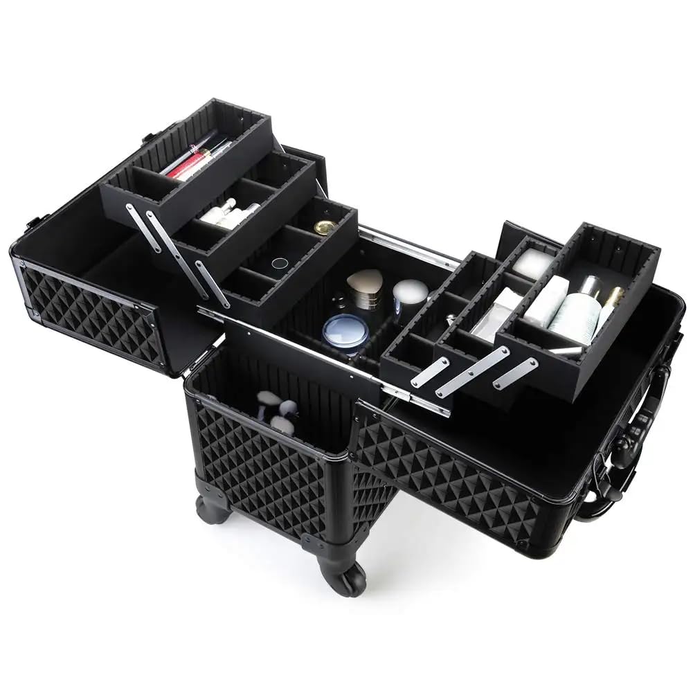 SHAMAX® Professional Rolling Makeup Case, Cosmetic Organizer Trolley, Manicure Storage Vanity Locks- Trolley for Hairdressers, Salons, Beauty Lovers - 360- Degree Universal Wheels (5088 Black) - Image 3 thumbnail
