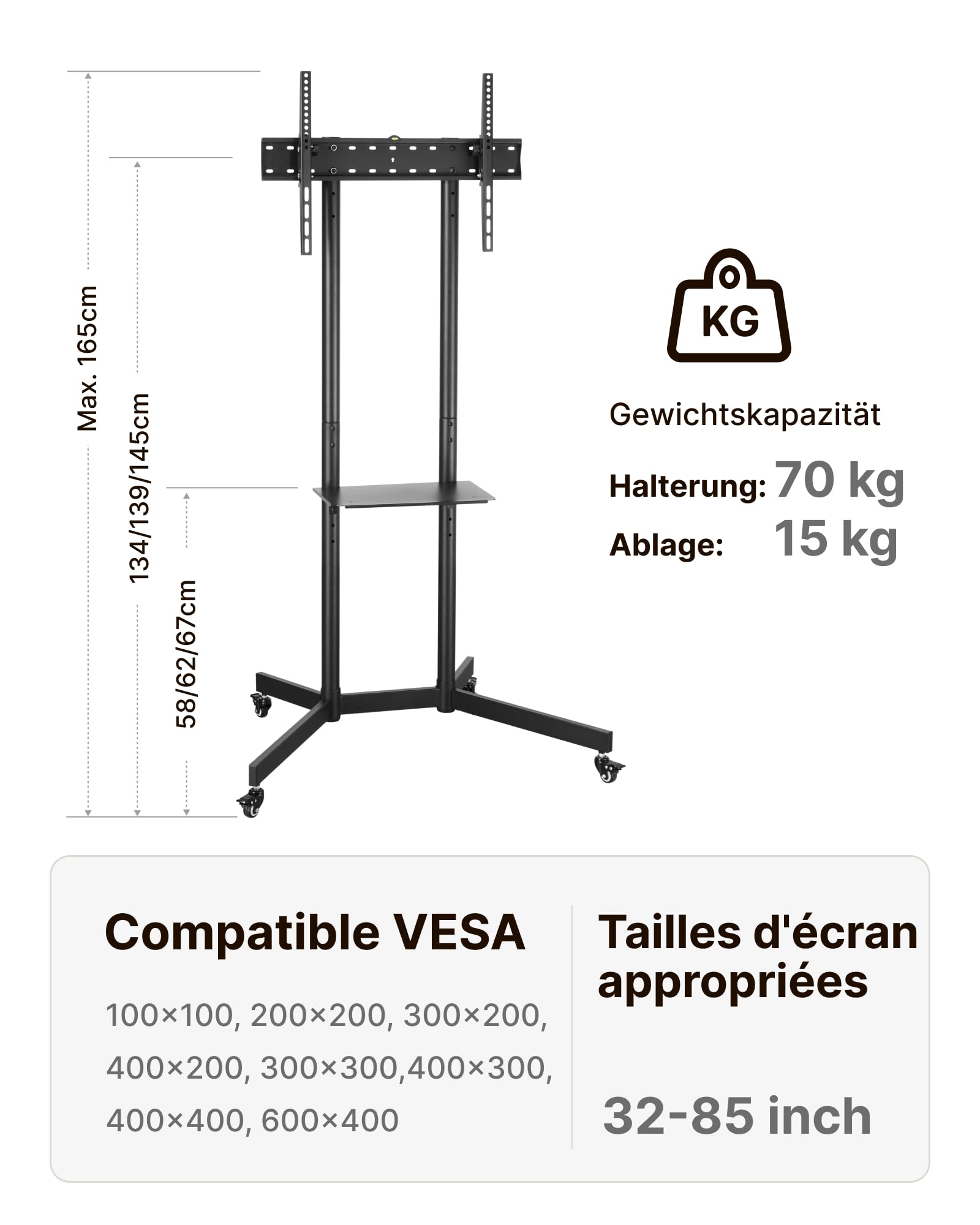 Support TV sur roulettes pour téléviseur de 32 à 85" jusqu'à 70 kg - avec roulettes et Tablette - Hauteur réglable - VESA Maximum 600 x 400 mm