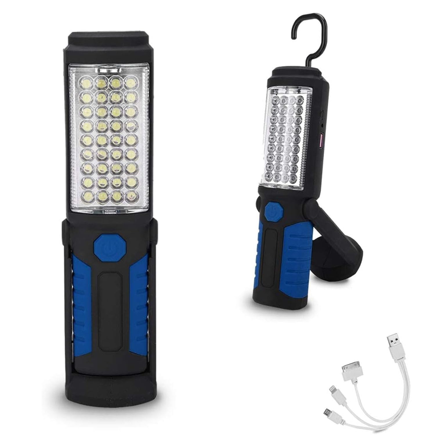 Portable LED Work Light, Blue Rechargeable Portable LED Work Light Rugged Construction Work Light with Hanging Hook Waterproof Work Flashlight for Car Repair Household Blackout and Emergency
