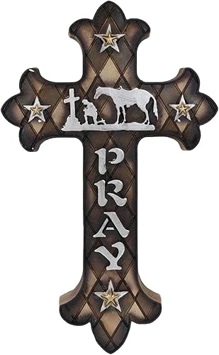 Ebros Gift Occidental arrodillado vaquero con caballo en oración solemne al pie de la cruz orar flor de lis pared cruz placa inspiradora decoración